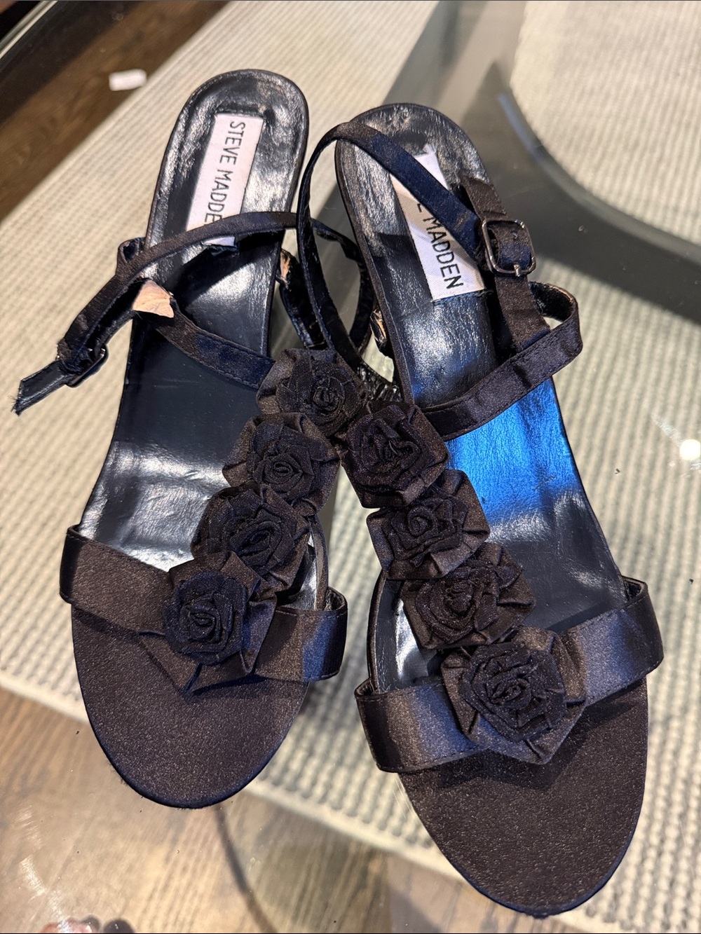 Steve Madden Black Floral Rosette Strappy Heels